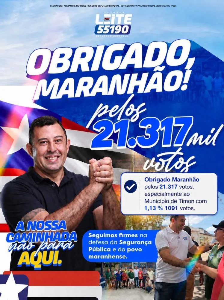  Soldado Leite agradece ao povo timonense pelos 1.091 votos recebidos nas eleições de 2026.